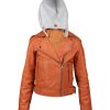 Women Orange Olivia Leather Hooded Jacket