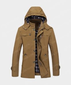 Hooded Multi Pockets Single Breasted Zip Up Brown Coat