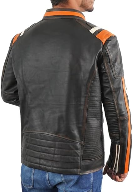 Men Cafe Racer Motorcycle Black Leather Jacket
