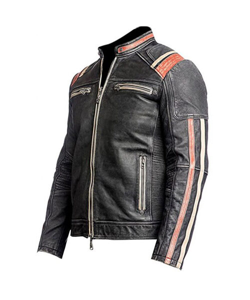 Mens Cafe Racer Motorcycle Black Leather Jacket