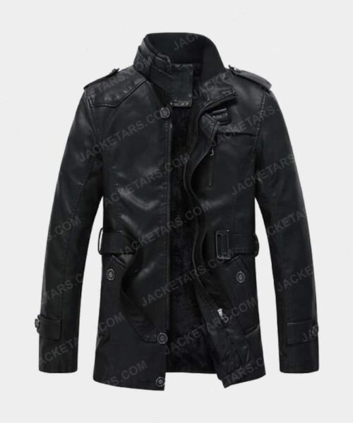 Men's High Neck Black Leather Jacket