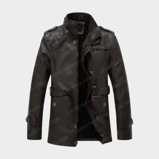 Men's High Neck Chocolate Brown Leather Jacket