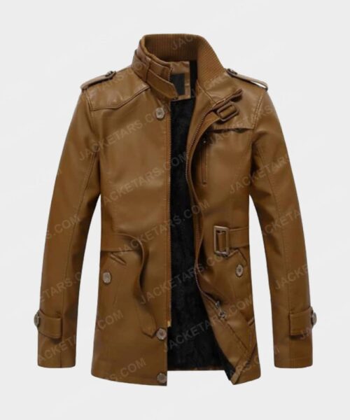 Men's High Neck Brown Leather Jacket