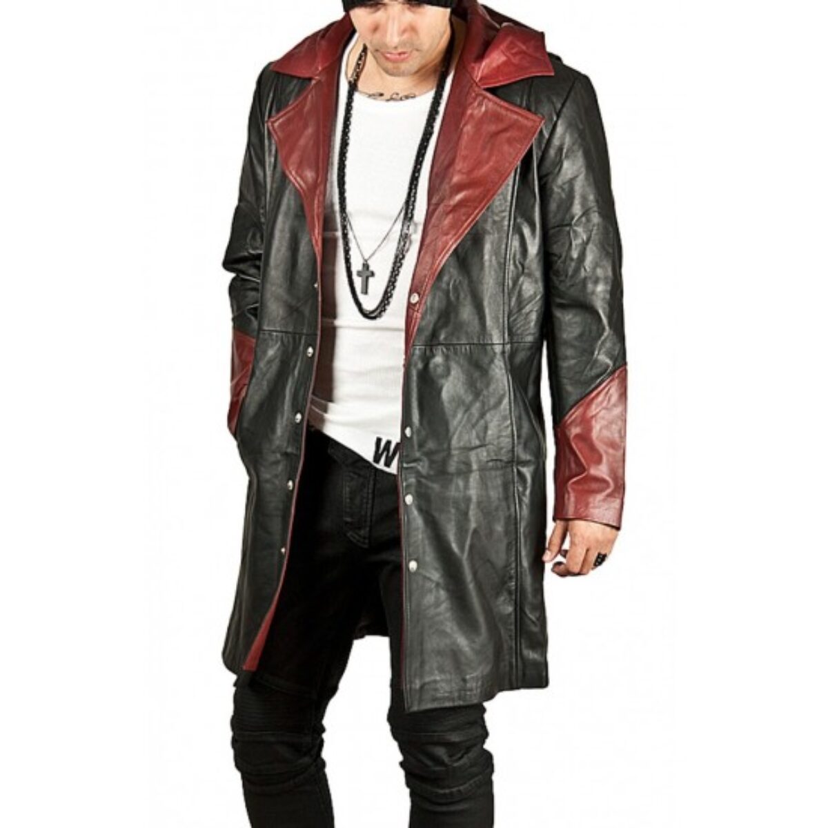 NEW MEN'S DEVIL HALLOWEEN COSTUME LEATHER LONG CRY MAY DANTE LEATHER HOODIE COAT 