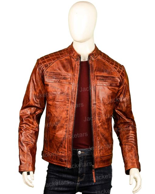 Men Brown Shoulder Design Leather Jacket