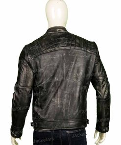 Men Distressed Shoulder Design Black Leather Jacket