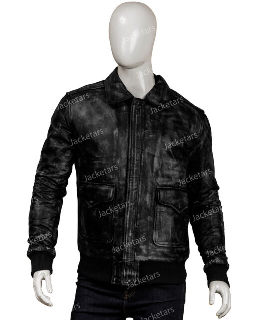 Mens Real Sheepskin Distressed Black Leather Bomber Jacket