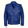 Blue Studded Biker Leather Jacket