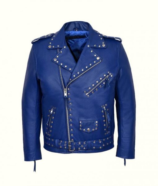 Blue Studded Biker Leather Jacket