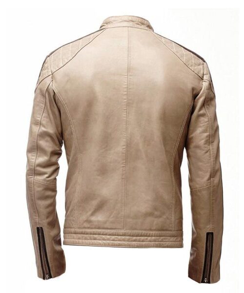 Mens Beige Cafe Racer Leather Jacket