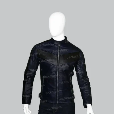 Mens Cafe Racer Navy Blue Biker Jacket