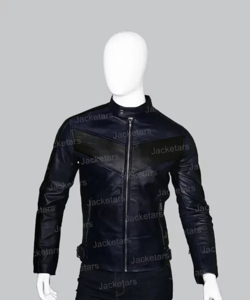 Mens Cafe Racer Navy Blue Biker Jacket