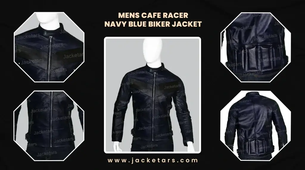 Mens Cafe Racer Navy Blue Biker Jacket