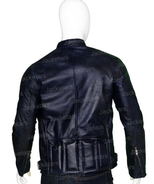 Mens Cafe Racer Navy Blue Leather Biker Jacket
