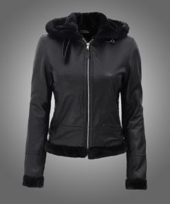 Womens Black Fur Hooded Leather Jacket