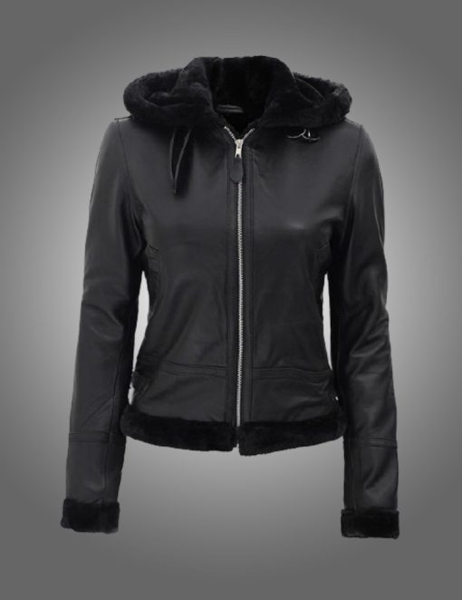 Womens Black Fur Hooded Leather Jacket