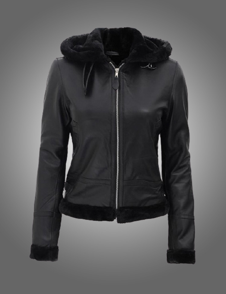 Womens Black Fur Hooded Leather Jacket - Jacketars