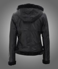 Womens Fur Hooded Black Leather Jacket