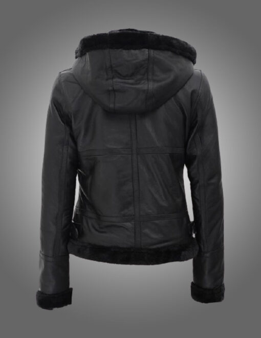 Womens Fur Hooded Black Leather Jacket