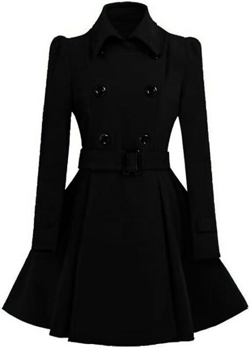 Women Double Breasted Swing Black Pea Coat