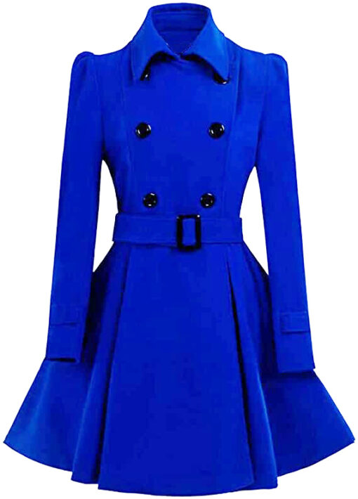 Women Double Breasted Swing Blue Pea Coat