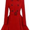 Women Double Breasted Swing Red Pea Coat