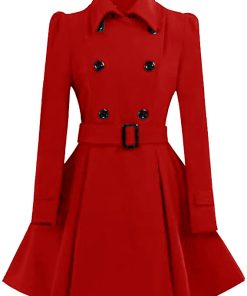Women Double Breasted Swing Red Pea Coat