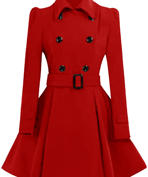 Women Double Breasted Swing Red Pea Coat