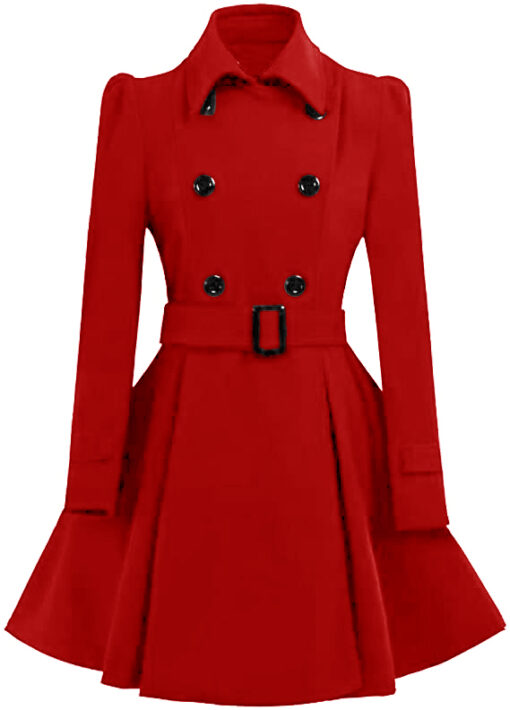 Women Double Breasted Swing Red Pea Coat