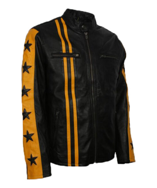 Men Cafe Racer Yellow Star Black Leather Jacket
