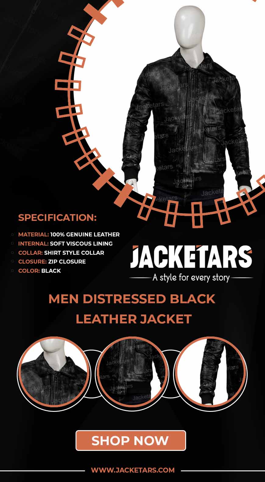 Men Distressed Black Leather Jacket info