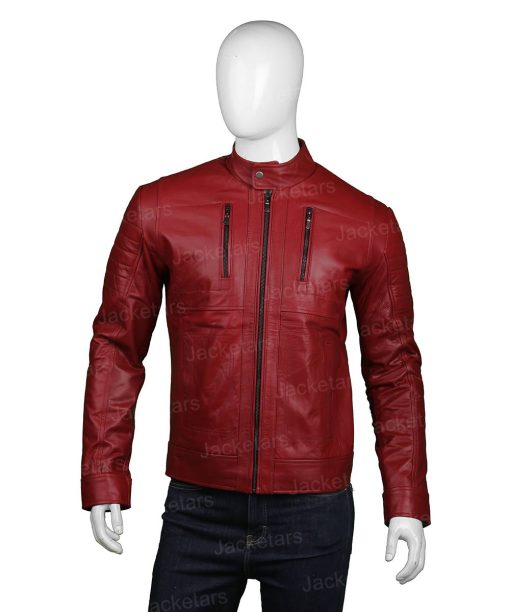 Mens Biker Red Leather Cafe Racer Jacket