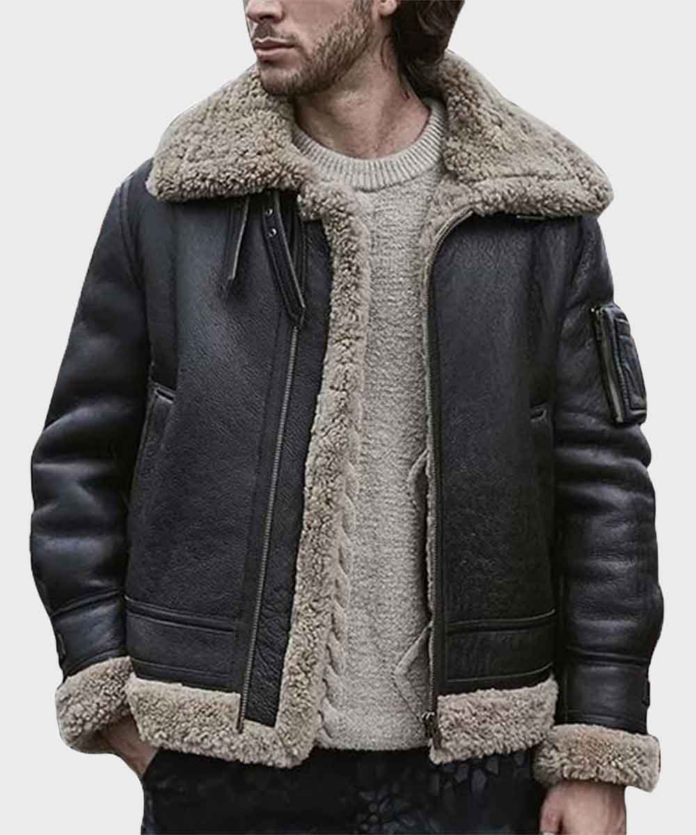 Mens Black Sheepskin Leather Shearling Jacket