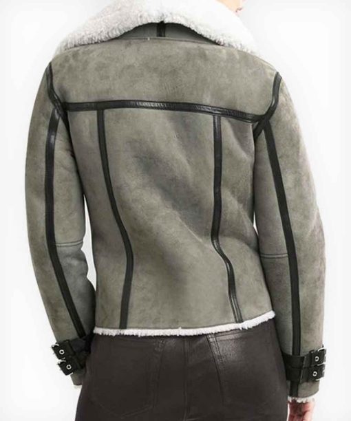 Womens Asymmetrical Shearling Grey Leather Jacket
