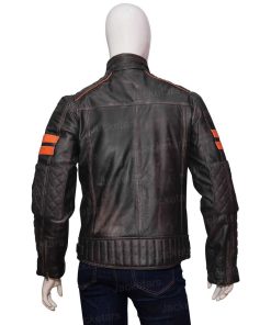 Men Retro Distressed Biker Orange Striped Jacket