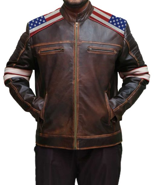 Mens American Flag Brown Leather Jacket