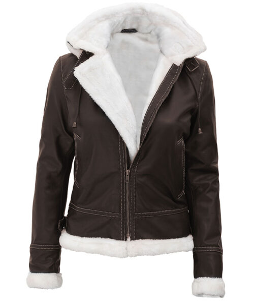 Women's Stylish Shearling Brown Hooded Jacket