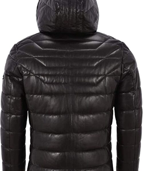 Men's Black Puffer Hooded Quilted Lambskin Leather Jacket
