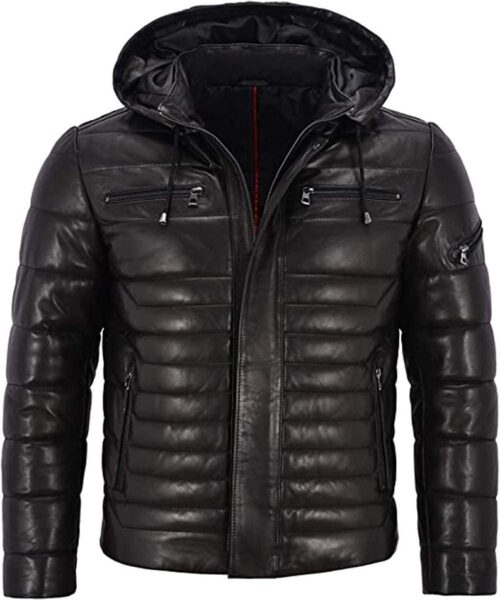 Men's Black Puffer Hooded Quilted Lambskin Leather Jacket
