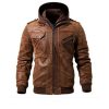 Men’s Brown Distressed Leather Hooded Biker Jacket