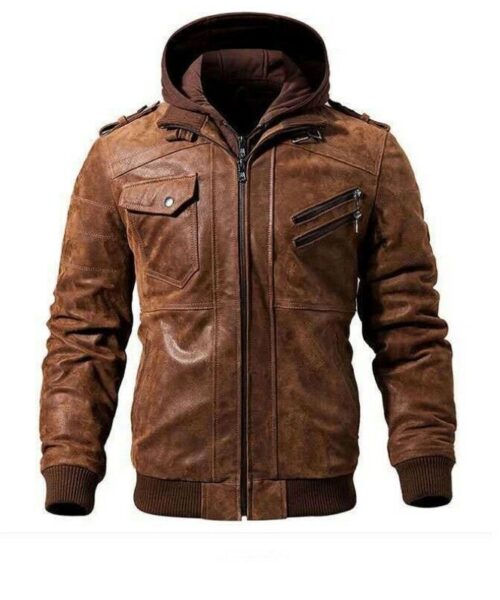 Men’s Brown Distressed Leather Hooded Biker Jacket