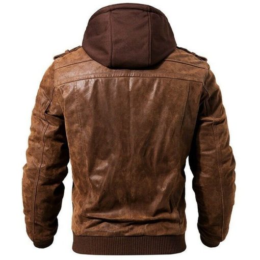 Men’s Brown Distressed Leather Hooded Biker Jacket