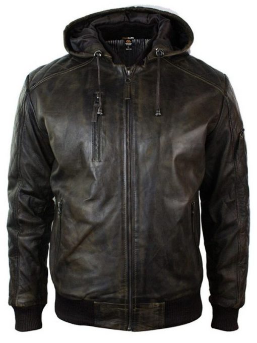 Mens Distressed Brown Hooded Jacket | Mens Distressed Leather Jacket