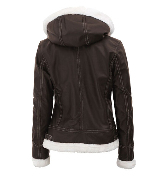 Women s Stylish Shearling Brown Hooded Jacket Fur Lined Brown Jacket