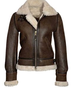 Women’s Aviator Shearling Collar Distressed Brown Leather Jacket