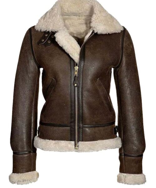 Women’s Aviator Shearling Collar Distressed Brown Leather Jacket