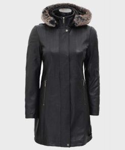 Faux Fur Leather Black Hooded Coat for Women’s Outfits