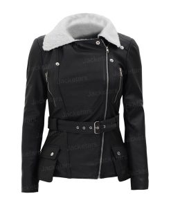 Women’s Black Leather Motorcycle Shearling Jacket