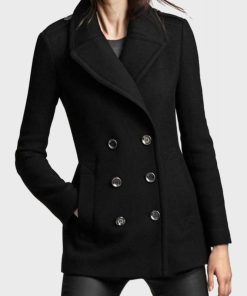 Womens Causal Black Double-Breasted Wool Coat
