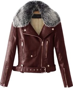Women's Faux Fur Quilted Brown Moto Jacket (1)